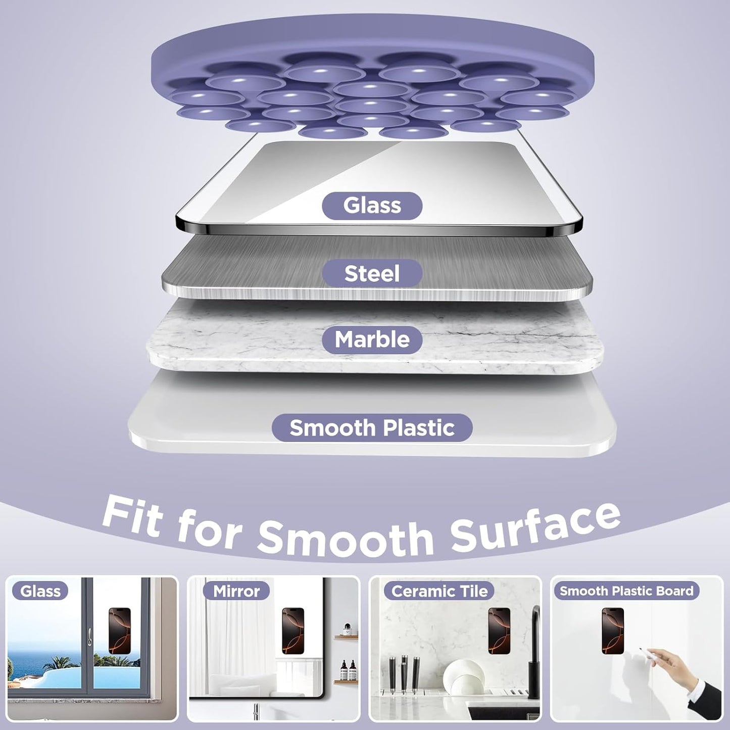 Magnetic Suction Cup Phone Mount for MagSafe Case, Silicone Hands-Free Grip Holder for iPhone and Android, Mirror Shower Phone Stand for Makeup FaceTime Gym Kitchen Bathroom, Lavender