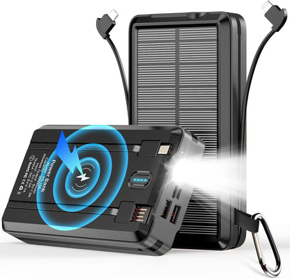 Solar Power Bank Portable Charger 52800mAh 5V/3A Fast Charging Battery Pack with Built in 4 Cables 2 Outputs & LED Flashlight for All Mobile Devices Camping Traver Outdoor