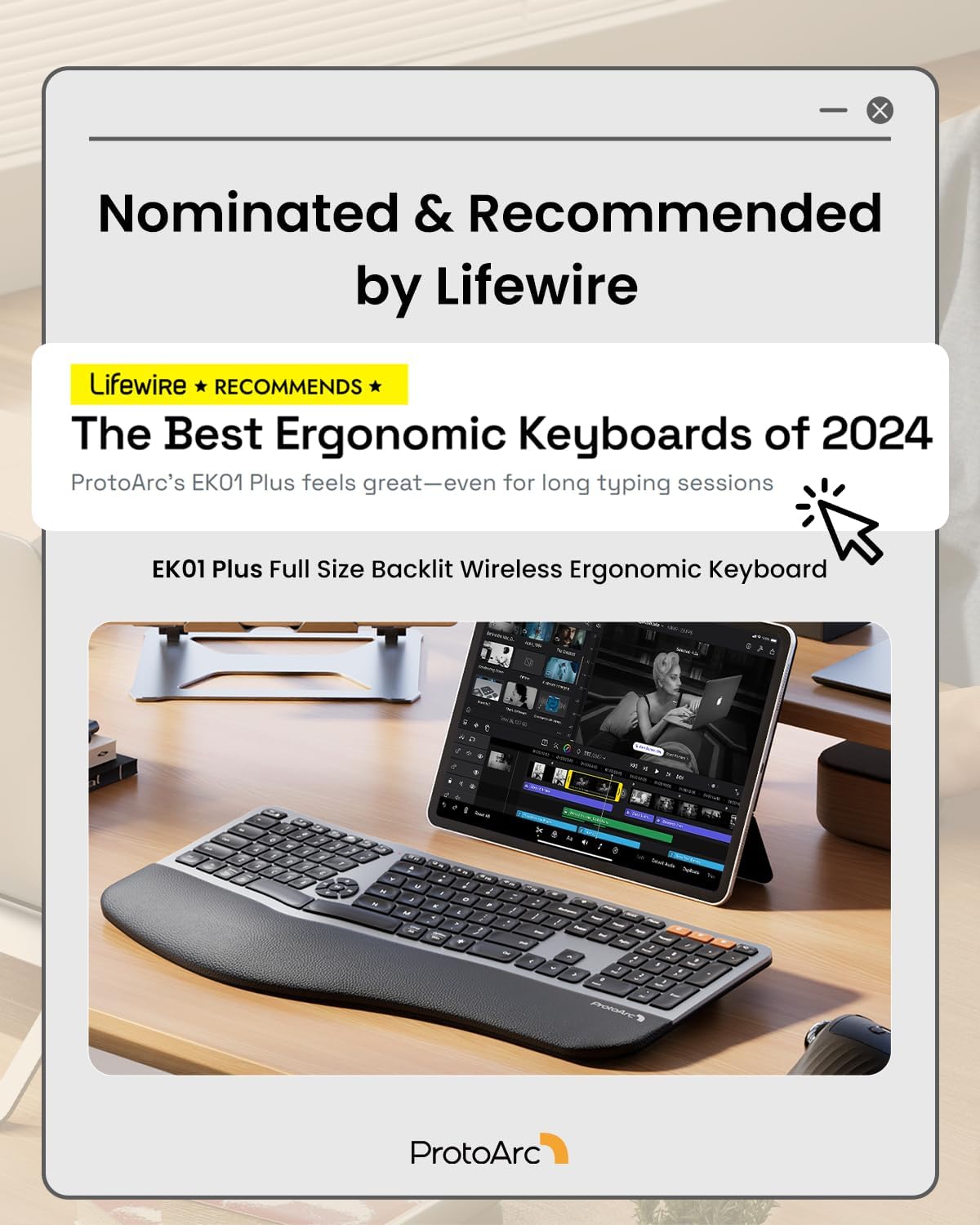 Backlit Bluetooth Ergonomic Keyboard, ProtoArc EK01 Plus Full Size Wireless Split Keyboard with Dual Bluetooth and USB, Cushioned Wrist Rest, Rechargeable for Windows/Mac/Android, Grey Black