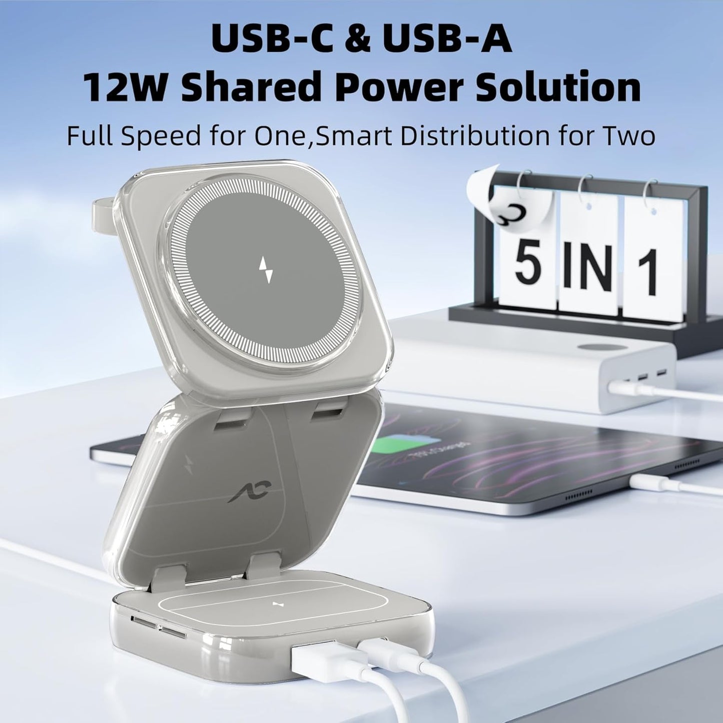 5-in-1 Wireless Charger for MagSafe, AC ISLAND Portable Travel Charging Station, 15W Max Fast Foldable Magnetic Stand, Evolved for iPhone 17/16/15/14/13 Series, Apple Watch, AirPods (with 35W Adapter)