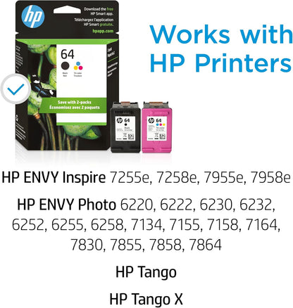 HP 64 Black & Tri-Color Ink Cartridges for HP Printers (Combo Pack) | Works with Printer Series: Inspire 7950e; ENVY Photo 6200, 7100, 7800; Tango | Eligible for Instant Ink | X4D92AN