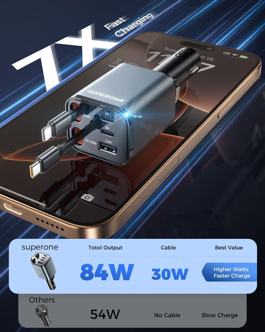 【2025 Ultra-Compact】 SUPERONE Retractable Car Charger, 5 in 1 Car Phone Charger with 84W Fast Charging Cables, Car Accessories Adapter for iPhone 16/15/14/13/12/11, Galaxy, Pixel
