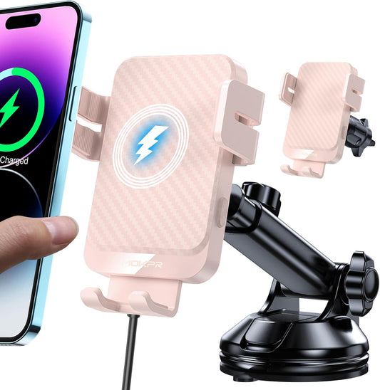 MOKPR Wireless Car Charger, 15W Fast Charging Auto-Clamping Car Mount Hands-Free Car Charger Mount for Dash Windshield Air Vent Compatible with iPhone 16 15/14/13/12, Samsung S23/S22/S21 Pink