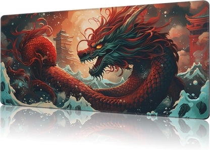 Mouse Pad Large Chinese Traditional Dragon Non-Slip Gaming Desk Mat with Stitched Edge Laptop Keyboard Desk Pad for Work Home Gaming (35.4 x 15.7 Inches)