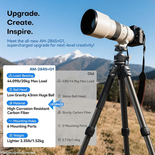 SIRUI Professional Travel Carbon Fiber Tripod 20kg/44lbs Load, Max Tube Dia 29.44mm, Max 128cm/50.4" Height with 43mm Low-Profile Ball Head for DSLR/Mirrorless/Video (AM-284S+G1)