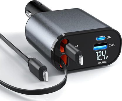 Retractable Car Charger，4 in1 Fast Car Phone Charger with Dual Retractable Cables and 2 Charging Ports (Dual Lightning Retractable Cords)