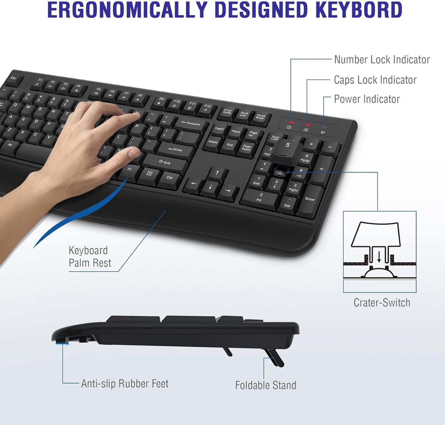 Wireless Keyboard, 2.4G Full-Sized Ergonomic Wireless Computer Keyboard with Wrist Rest for Windows, Mac OS Laptop/PC/Desktop/Notebook(Black)