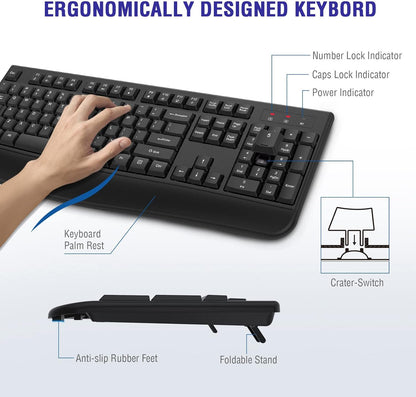 Wireless Keyboard, 2.4G Full-Sized Ergonomic Wireless Computer Keyboard with Wrist Rest for Windows, Mac OS Laptop/PC/Desktop/Notebook(Black)