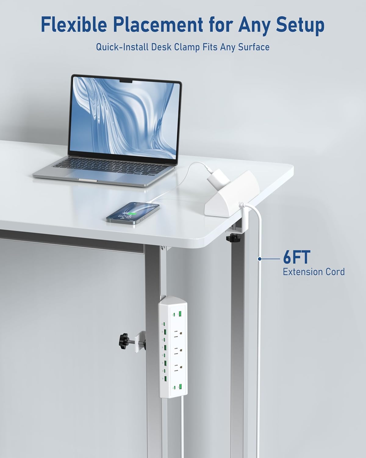 Jgstkcity 90W Desk Clamp Power Strip,12 USB Ports (6 PD 45W USB-C),Surge Protector,ETL Listed Power Hub Extension Cord,Fast Charging Station for Home Office Desk Edge Mount (White, 12 USB-90W)