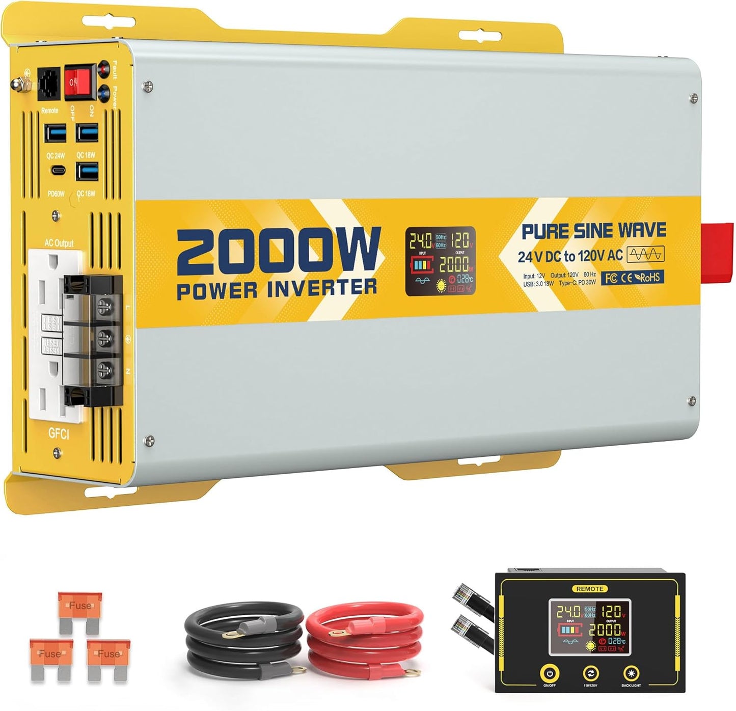 XWJNE 2000W Pure Sine Wave Power Inverter 24V DC to 120V GFCI AC Converter with LCD Display and Remote for Home, RV, Truck, Off-Grid Solar Power