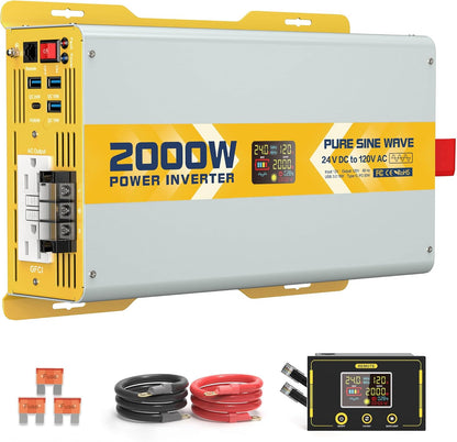 XWJNE 2000W Pure Sine Wave Power Inverter 24V DC to 120V GFCI AC Converter with LCD Display and Remote for Home, RV, Truck, Off-Grid Solar Power