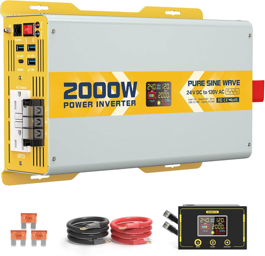 XWJNE 2000W Pure Sine Wave Power Inverter 24V DC to 120V GFCI AC Converter with LCD Display and Remote for Home, RV, Truck, Off-Grid Solar Power