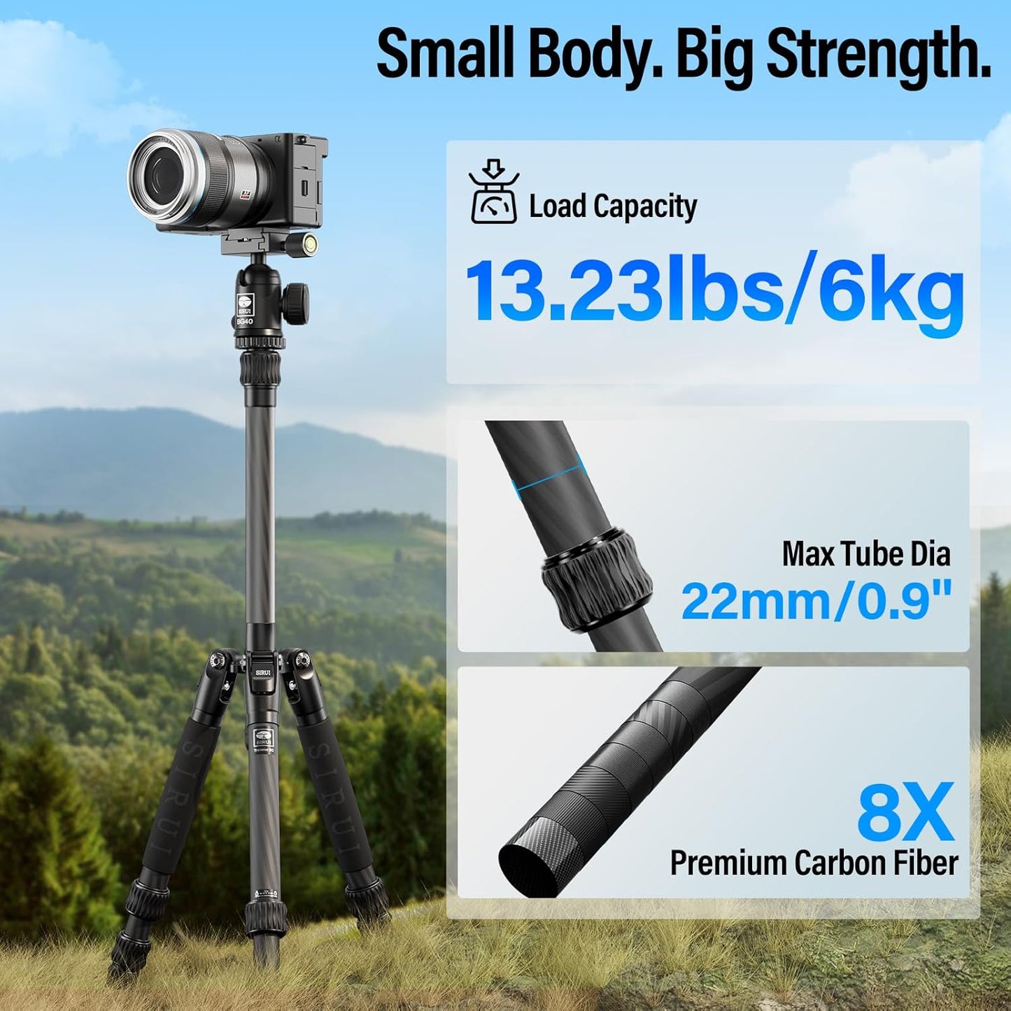 SIRUI Lightweight Carbon Fiber Travel Tripod, 6kg Load Capacity Compact Camera Support with Carry Bag, Portable for DSLR Mirrorless Cameras, Max Height 54" for Hiking Vacation Vlogging