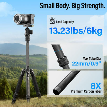 SIRUI Lightweight Carbon Fiber Travel Tripod, 6kg Load Capacity Compact Camera Support with Carry Bag, Portable for DSLR Mirrorless Cameras, Max Height 54" for Hiking Vacation Vlogging