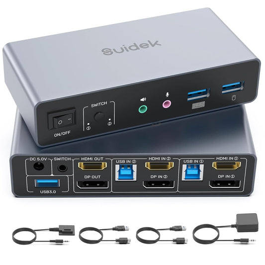 HDMI Displayport KVM Switch, 2 Computers 2 Monitors 4K@60Hz KVM Switcher Dual Monitor for 2 PC, 3 USB 3.0 Ports Support Extended/Mirror Mode with Desktop Controller&2 USB Cables&Power Adapter