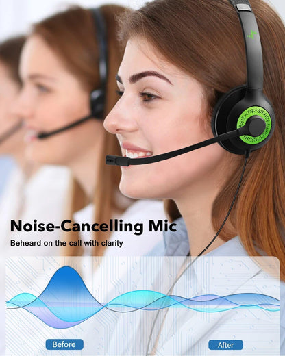 USB Headset with Mic for PC, On-Ear Computer Laptop Headphones with Noise Cancelling Microphone in-line Control for Home Office Online Class (USB+3.5mm, Green)