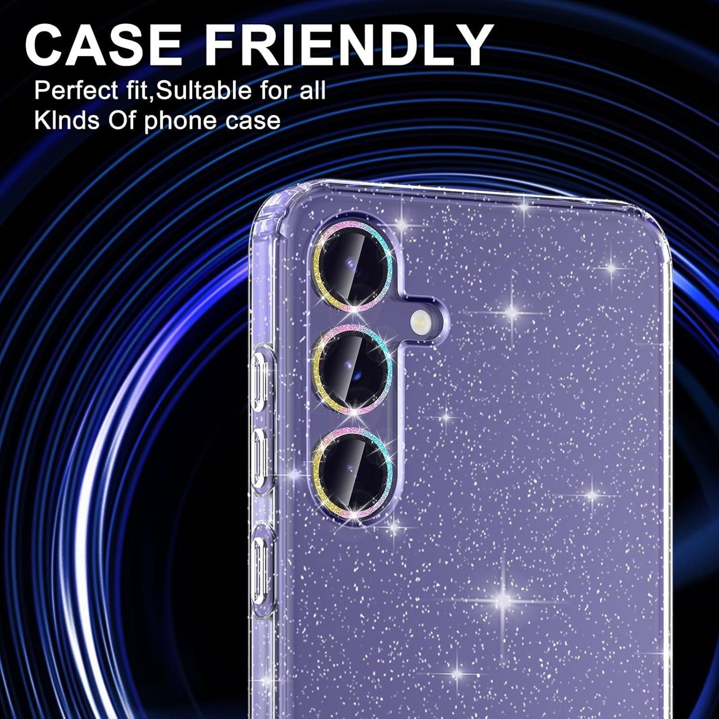 for Samsung Galaxy S24 Plus Camera Lens Protector, Individual Metal Ring Tempered Glass Lens Cover, [Strong Adsorption] Scratch Resistant Ultra-Thin HD Clear Lens Cover, 1 Set-Colorful Sparkly