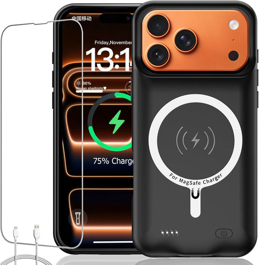 Battery Case for iPhone 17 Pro, Upgraded 10000mAh Rechargeable Portable Extended Battery Pack Supported Qi Wireless Charging Case Compatible with iPhone 17 Pro (6.3 inch) Charger Power Bank (Black)