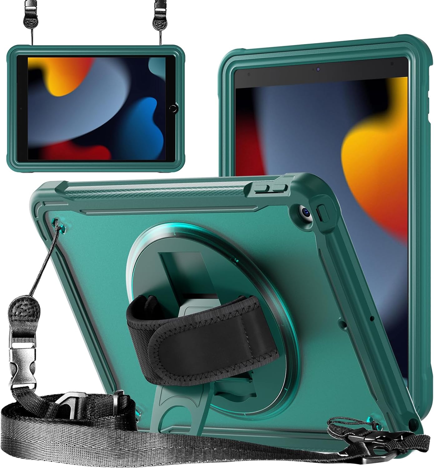 ZenRich Clear Case for iPad 9th/8th/7th Generation 10.2 inch 2021/2020/2019, Shockproof Slim Hard Case with Pencil Holder/360°Rotating Kickstand/Handle/Carrying Strap, MidnightGreen