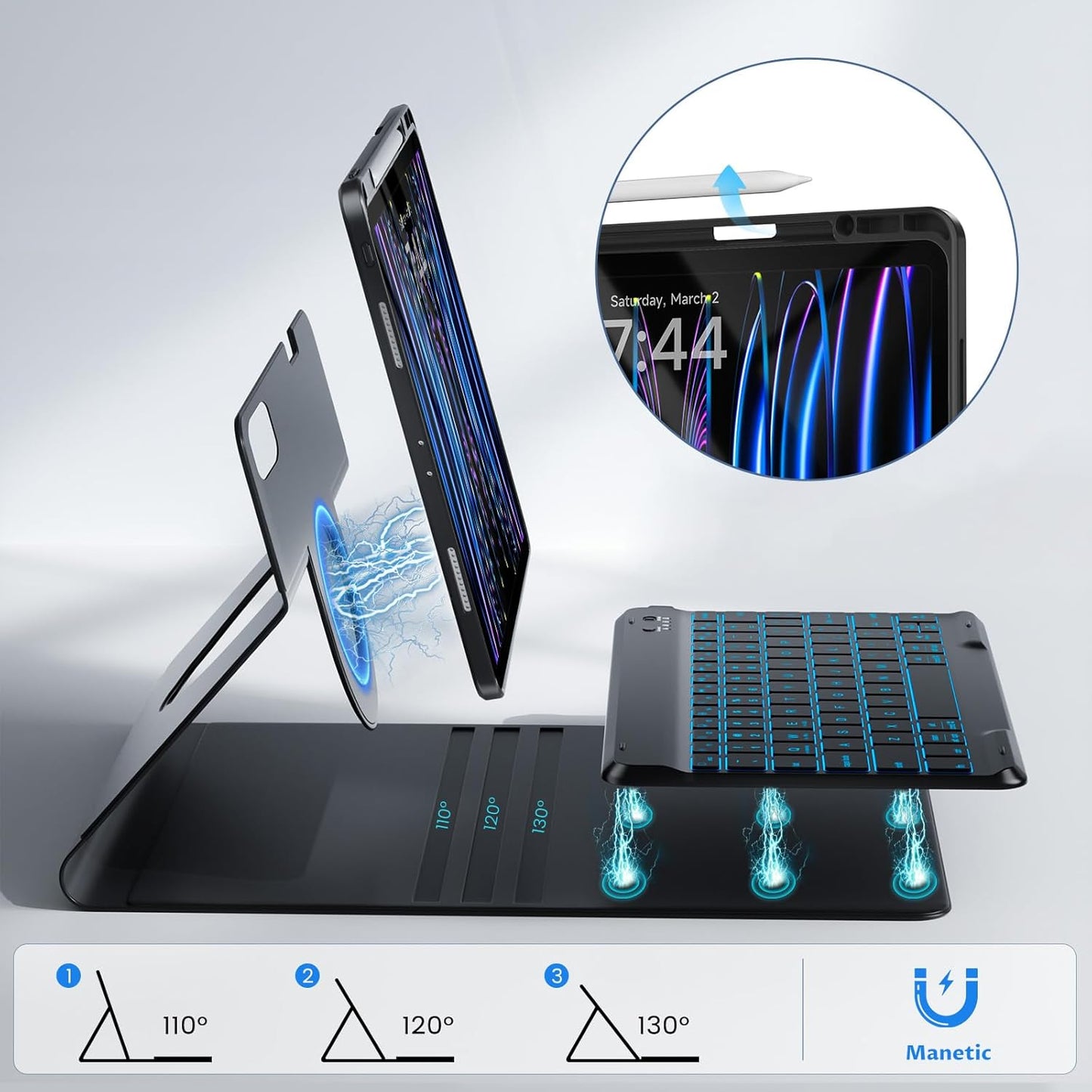 OYEEICE Keyboard Case for iPad Pro 12.9 inch 6th Gen 2022, 5th 2021, 4th 2020, Rotating Detachable Clear Cover with 7 Colorful Backlit Keyboard Wireless, Pencil Holder, Auto Wake/Sleep - Black