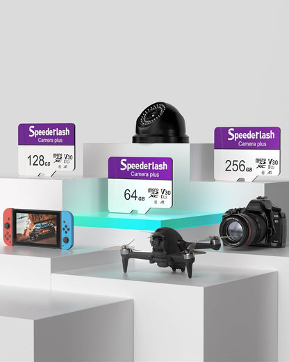 Micro SDXC Memory Card 256GB 2 Pack, Speederlash Camera Plus TF Card with Adapter, Up to 100MB/s Read Speed, 4K UHD&5K Video Support, U1 V30 A1 Rated, Waterproof, for Security Camera, Dashcam, Drones