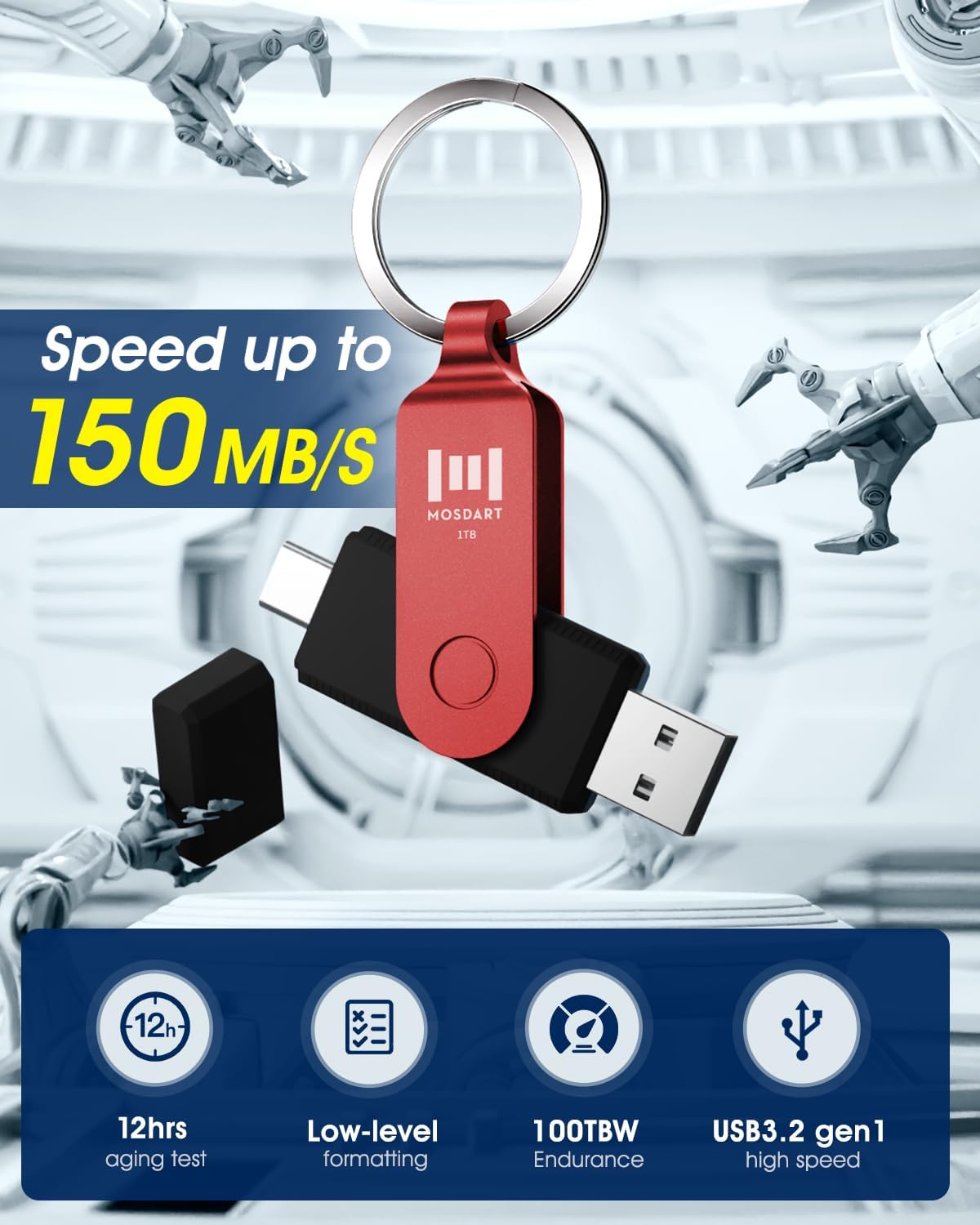MOSDART 1TB USB3.1 Fast Speed C and A Dual Flash Drive, exFAT Memory Stick with Keychain and LED Indicator, for iPhone 15 and 16, Android Phone, iPad, MacBook, and Other Laptops, Red