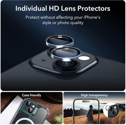 ESR 3+1 Pack for iPhone 15 Plus Screen Protector, [9H Hardness] [Military Grade Shatterproof] Full Coverage Ultra-tough Tempered Glass Film with Easy Installation Frame, 1 Set of Camera Lens Protector