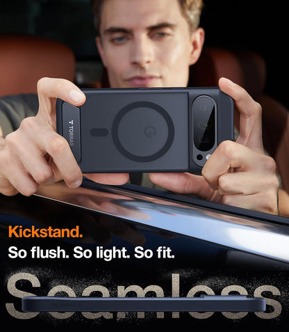 TORRAS Magnetic & Stand for Google Pixel 9 Pro XL Case, Fit for MagSafe, 12FT Mil-Grade Drop Protection, Slim Fit for Google Pixel 9 Pro XL Phone Case with Built-in Kickstand, Translucent Matte Black