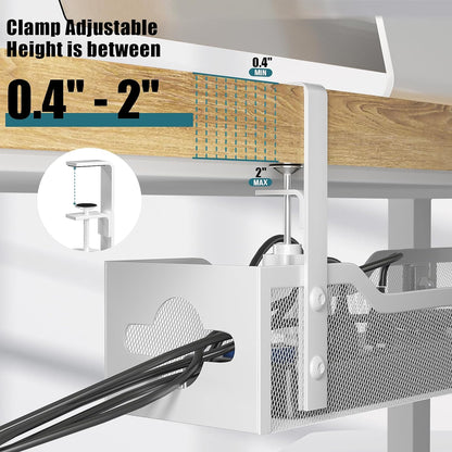 Under Desk Cable Management Tray White, Litwaro Cable Management Under Desk No Drill, 25'' Cable Tray with Clamp for Wire Management, Cord Organizer for Office, Home - No Damage to Table