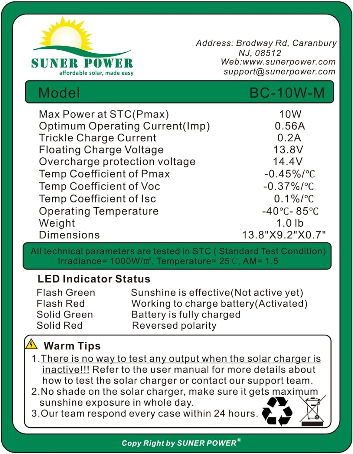 SUNER POWER 10W 12V Solar Battery Charger Maintainer, Built-in Smart MPPT Charge Controller, Adjustable Mount Bracket, Waterproof 10 Watt Solar Panel Kits for Car Automotive Boat Marine RV Trailer