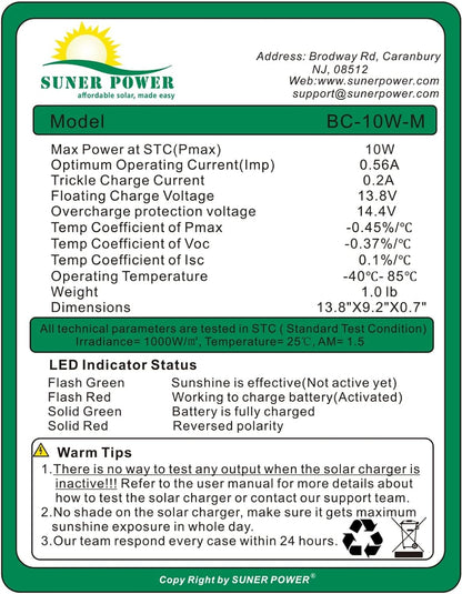 SUNER POWER 10W 12V Solar Battery Charger Maintainer, Built-in Smart MPPT Charge Controller, Adjustable Mount Bracket, Waterproof 10 Watt Solar Panel Kits for Car Automotive Boat Marine RV Trailer