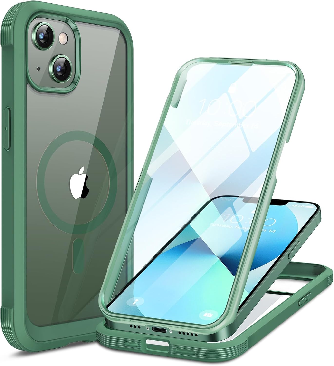 Miracase for iPhone 13 Case 6.1'', [Bubble Free] Full-Body Bumper Phone case with Built-in Full Glass Screen,No Gap,Compatible with MagSafe,Green