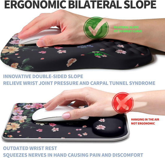 Ergonomic Raised Mouse Pad Wrist Support with Bilateral Slope Memory Foam Mousepad for Wrist Rest and Carpal Tunnel Pain Relief 11.8x7.9〃Flowers Bloom and Fade