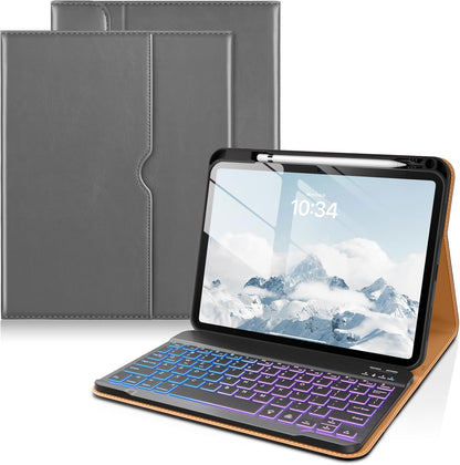 DTTO for iPad 11th (A16)/ 10th Generation Case with Keyboard (2025/2022), 7 Colors Backlit Wireless Detachable Keyboard Leather Folio Cover with Pencil Holder & Pocket, Gray