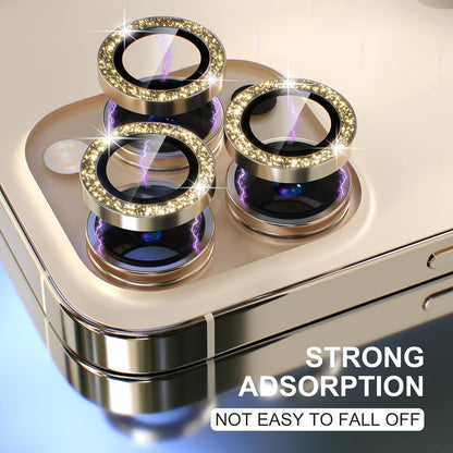 Choiche [3+1 for iPhone 13 Pro/iPhone 13 Pro Max Camera Lens Protector Bling, 9H Tempered Glass Camera Cover Screen Protector Metal Ring Decoration Accessories (Glitter-Gold)
