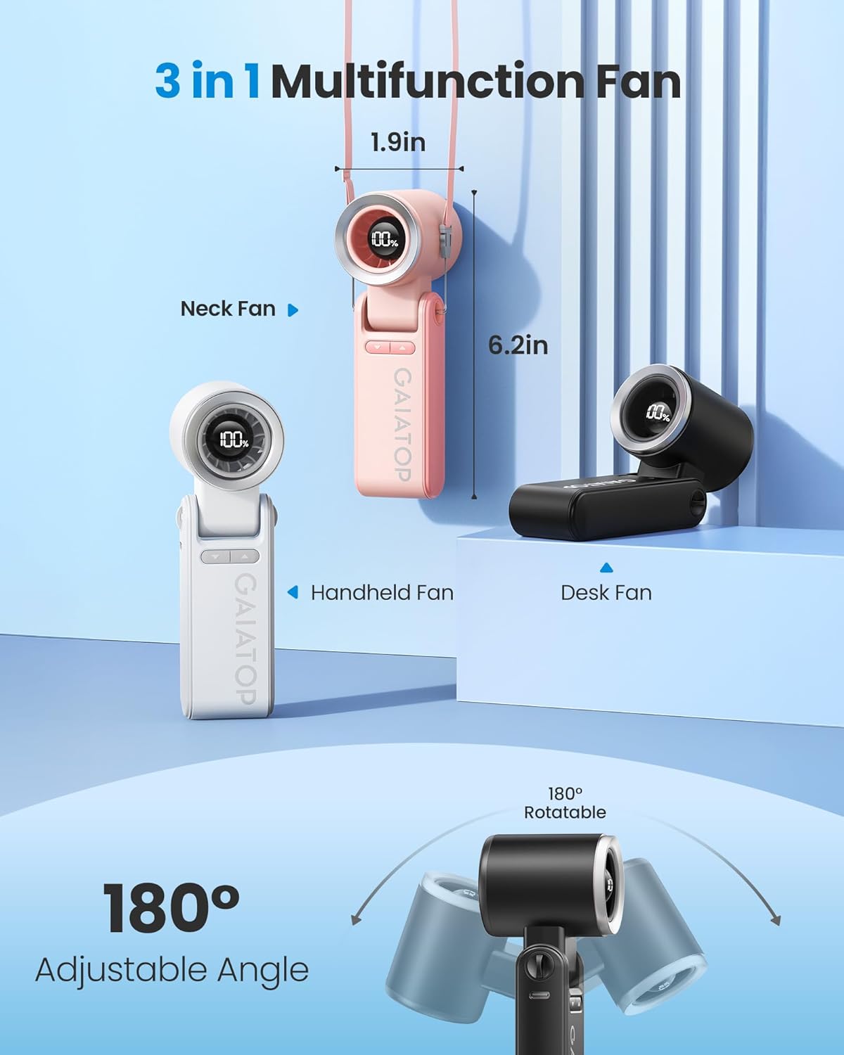 Gaiatop Portable Handheld Mini Fan, 21 Working Hours 6 Speeds, Rechargeable Battery Operated, 180° Foldable with LED Display, Small Desk Personal Fan for Women Gifts Travel, Working- Black