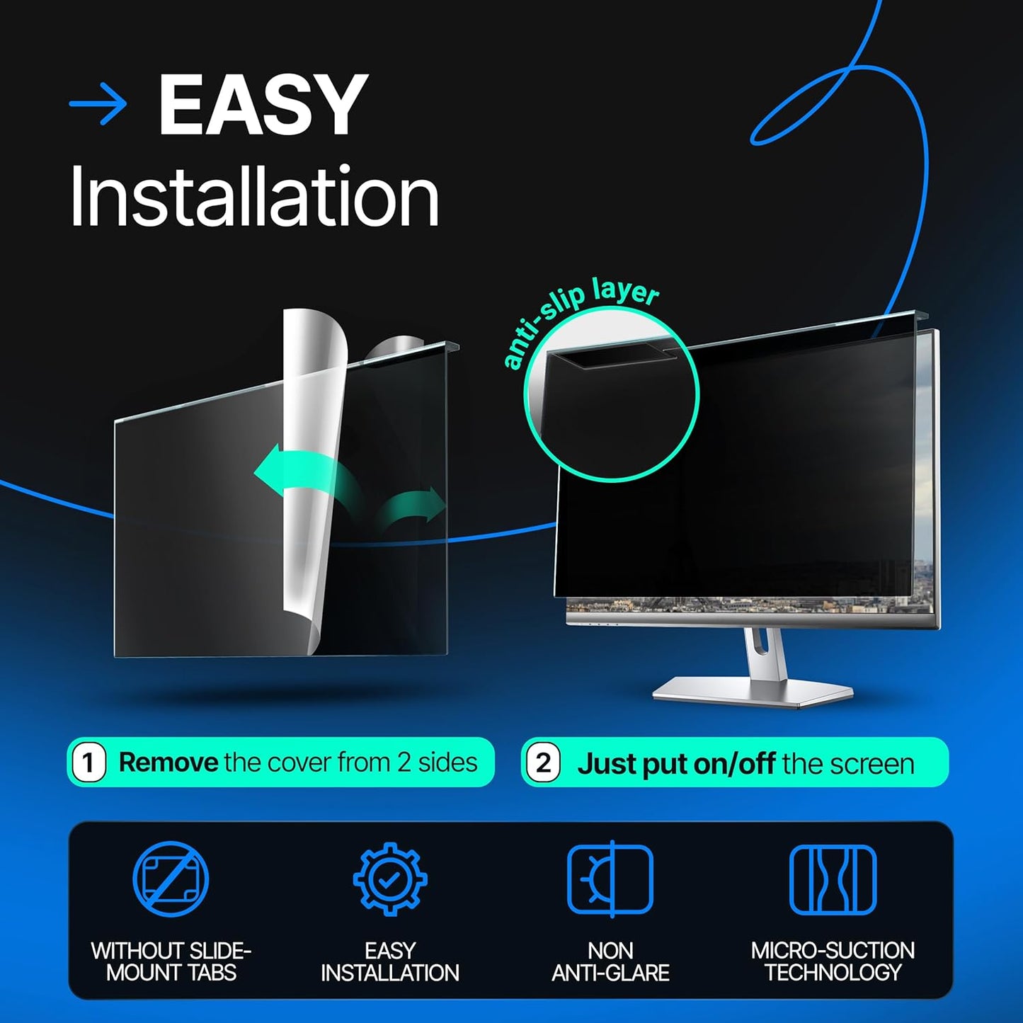 Universal 23"-24" - 23", 23.6", 23.8", 24" - 16:9/16:10 Aspect Ratio - 2 Pack - Computer Privacy Screen Filter for Widescreen Computer Monitors - 21.2"x13.4" = 541x342mm - Monitor Frame Hanging Type