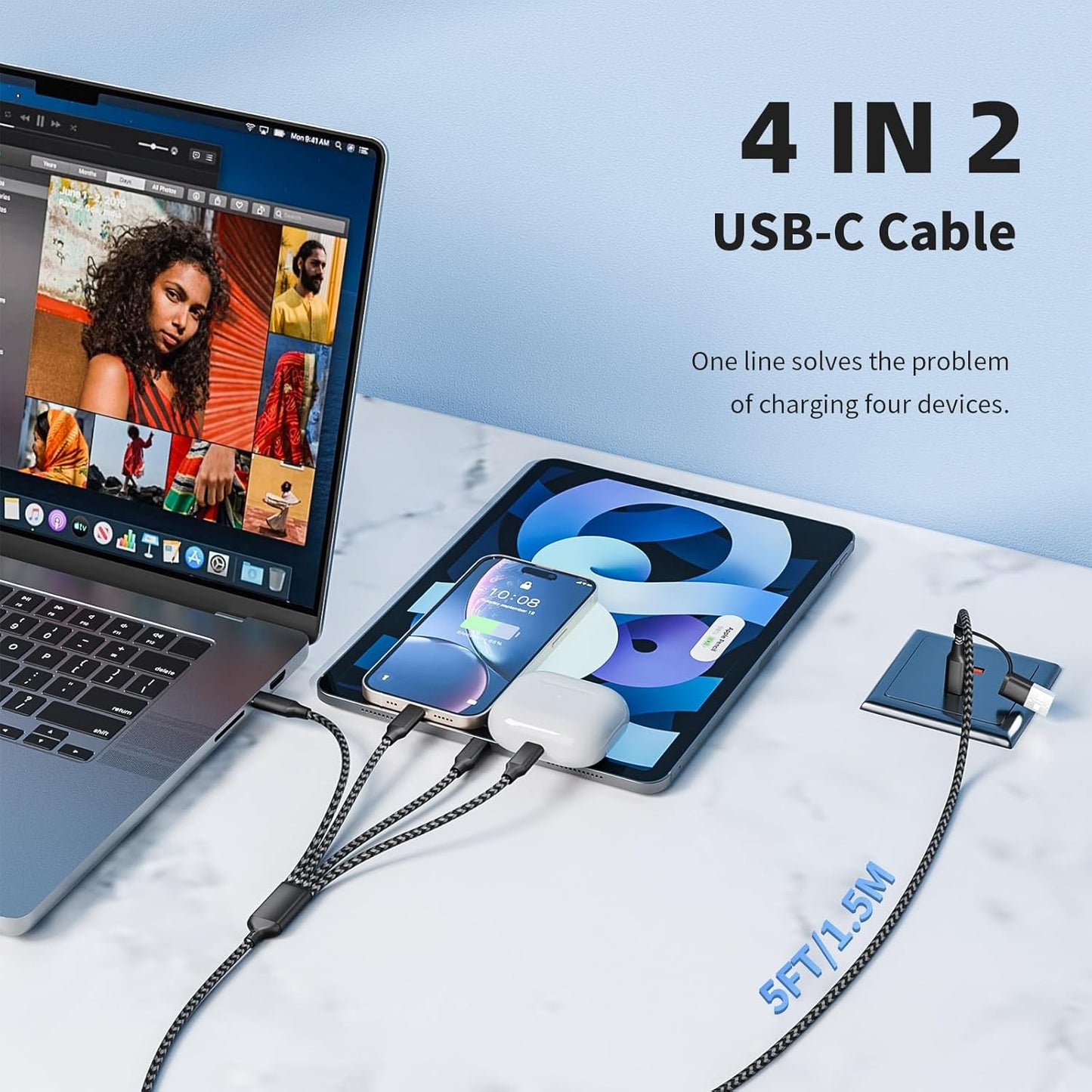 USB C Splitter Multi Charging Cable,USB A/C to USB C Charging Cord,Dual Type C Charger Cord,4 in 2 Multi Charger Cord with 4 Type-C Connectors Compatible with iPhone16/15/Cell Phones Tablets and More.