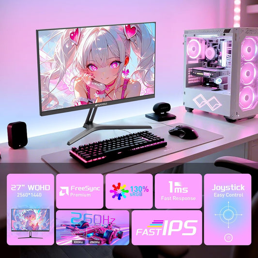 SANSUI 27 Inch WQHD 1440p Gaming Monitor 240hz up to 260hz-Fast IPS 1ms FreeSync Premium 丨DCI-P3 98% 丨sRGB130% 丨HDR10 丨2×DisplayPort 1.4丨2×HDMI2.0 PC Gaming Monitor with Crosshair