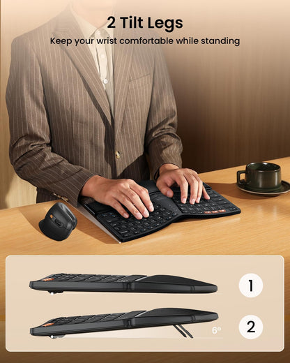 ProtoArc Bluetooth Ergonomic Keyboard, EK04 Mini Compact Wireless Ergo Keyboard with Palm Rest, Split Design, Natural Typing, Bluetooth and USB, Rechargeable, for Windows/Mac - Black