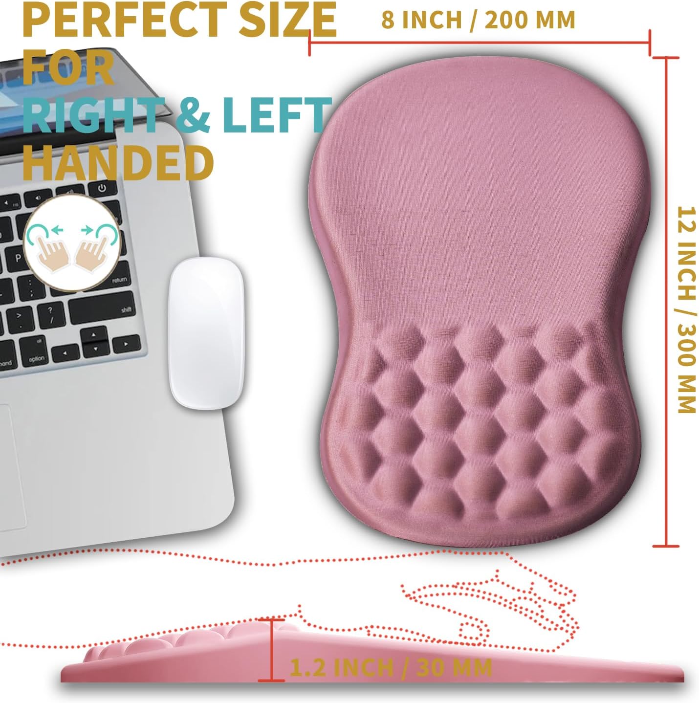 Hokafenle Ergonomic Mouse Pad Wrist Support with Massage Design, Wrist Rest Pain Relief Mousepad with Memory Foam&Non-Slip PU Base, Mouse Pads for Wireless Mouse & Desk (12x8 inch,Pink)