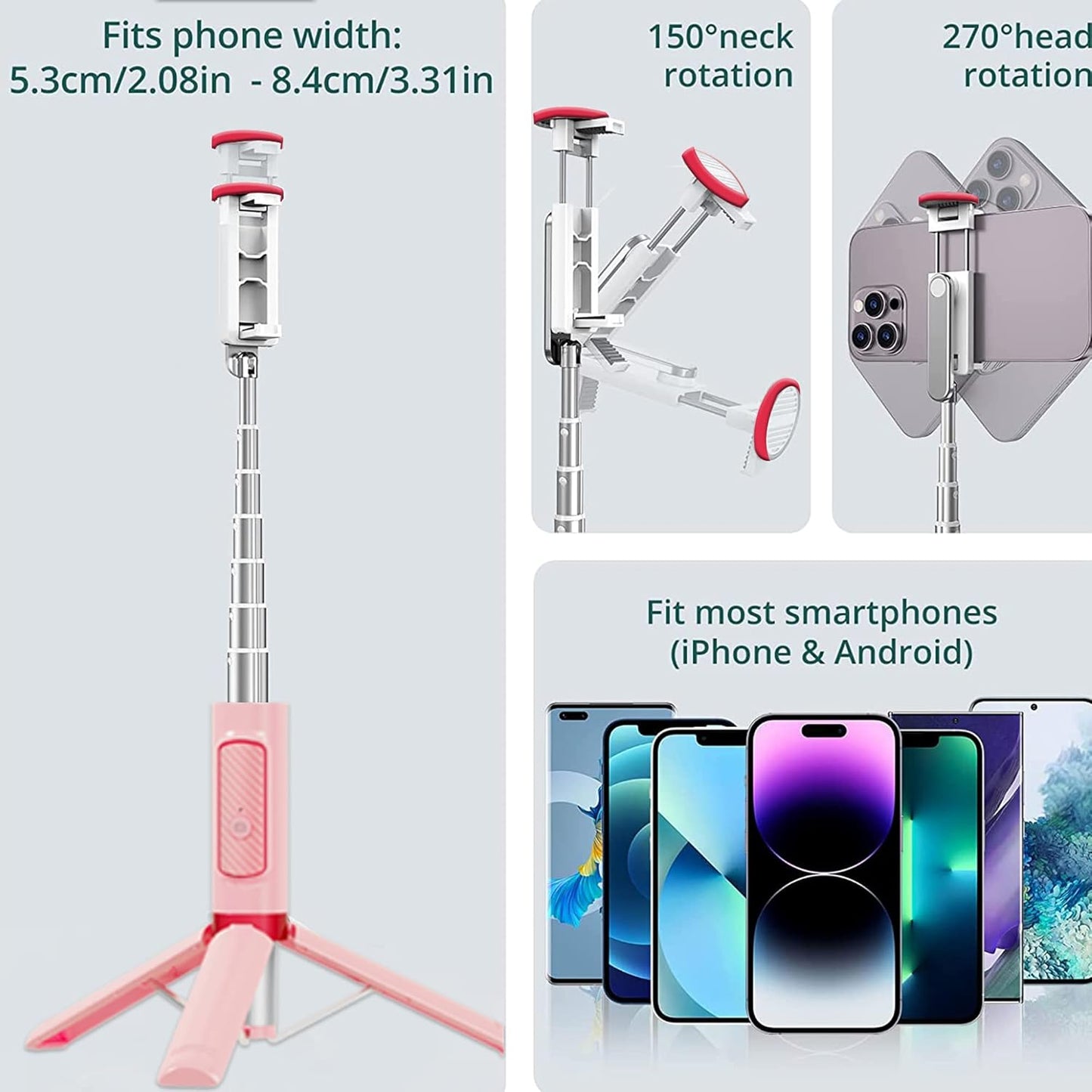 Selfie Stick, Foldable Cellphone Tripod with Remote, Travel Tripod for iPhone Series Android, Video Recording - Pink