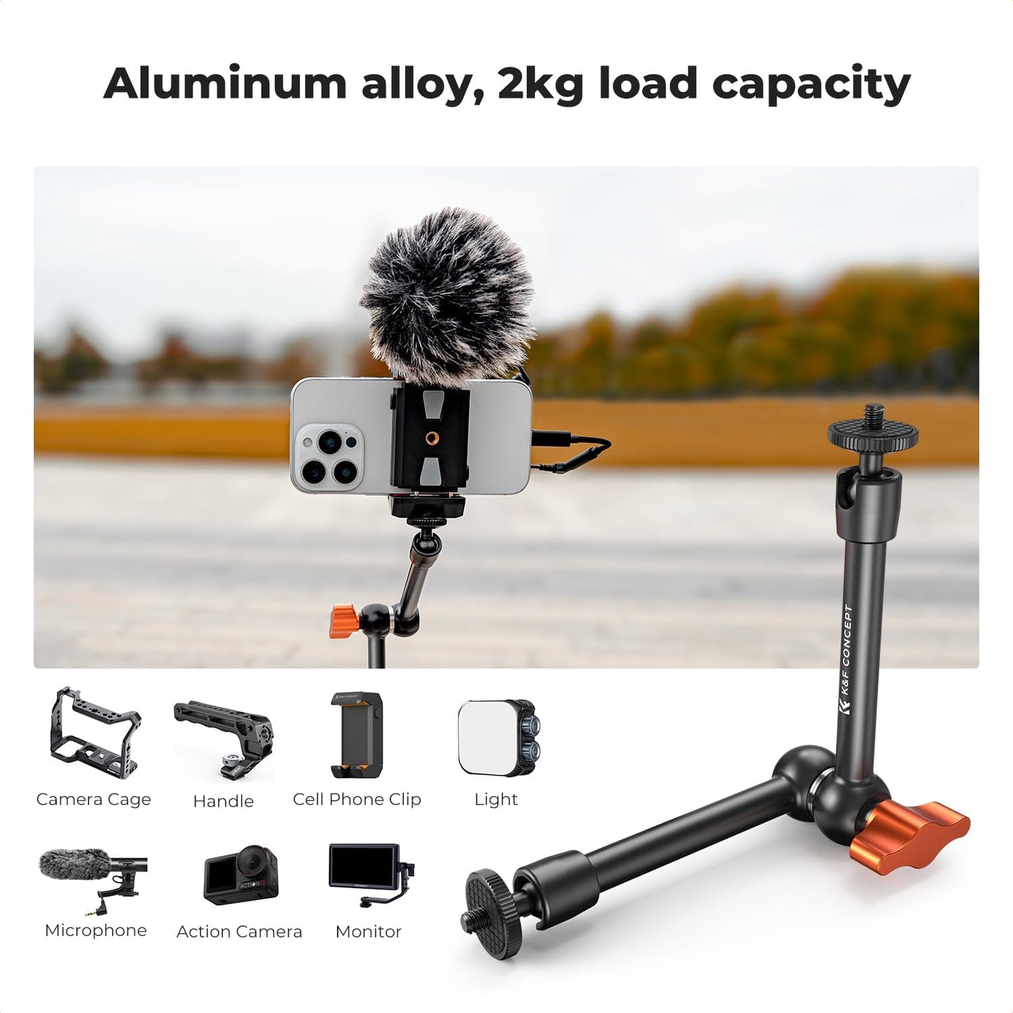 K&F CONCEPT 9.8" Magic Arm Clamp Kit with 1/4" & 3/8" Thread Screw 360° Ball Heads Articulating Magic Arm Camera Mount for Monitor, Flash, LED Light, Microphone, Camera Cage, Action Camera
