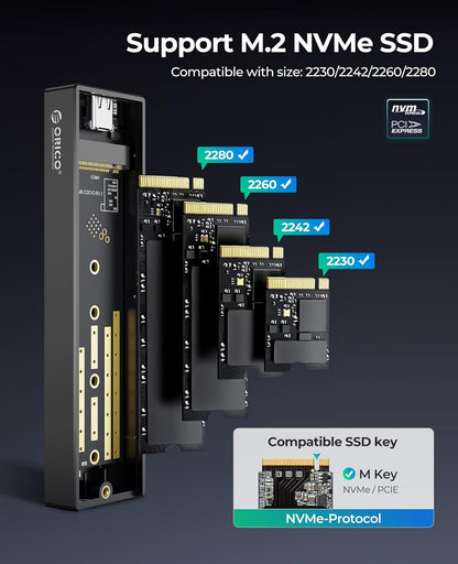 ORICO M.2 NVMe SSD Enclosure, USB 3.1 Gen 2 (10 Gbps) PCIe External Adapter NVMe Case for 2230/2242/2260/2280 M.2 SSD up to 8TB, UASP Supported - M2PV