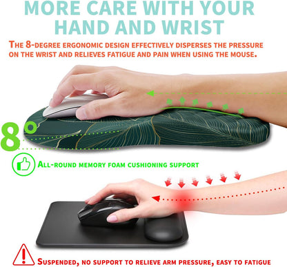 Ergonomic Mouse Pad Wrist Support with Memory Foam Massage Bulge, Carpal Tunnel Pain Relief Mousepad Wrist Rest for Mouse(12x8 inch, Leaves)
