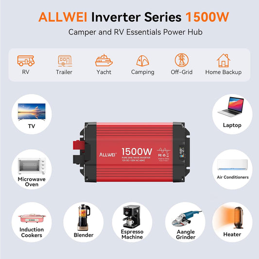 ALLWEI 1500W Pure Sine Wave Inverter 12V DC to 110V/120V AC Converter, Surge 3000W | Power Inverters Vehicles with 2 AC Outlets, RV Truck Boat Home Outdoor & Off-Grid Solar Inverter, Smart LCD Display