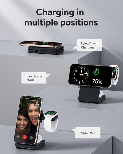 3 in 1 Charging Station for iPhone 16/15/14/13/12 Series, Wireless Charger for Apple Watch，Travel Magnetic Charging Stand for AirPods (Panda Color)