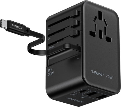 MOMAX Universal Travel Adapter, International Power Plug Adapter with 1 USB C (PD 70W), 2 USB A Ports, 1USB-C Cable (PD 70W), All-in-One Worldwide Wall Charger for USA European UK AUS (Type C/G/A/I)