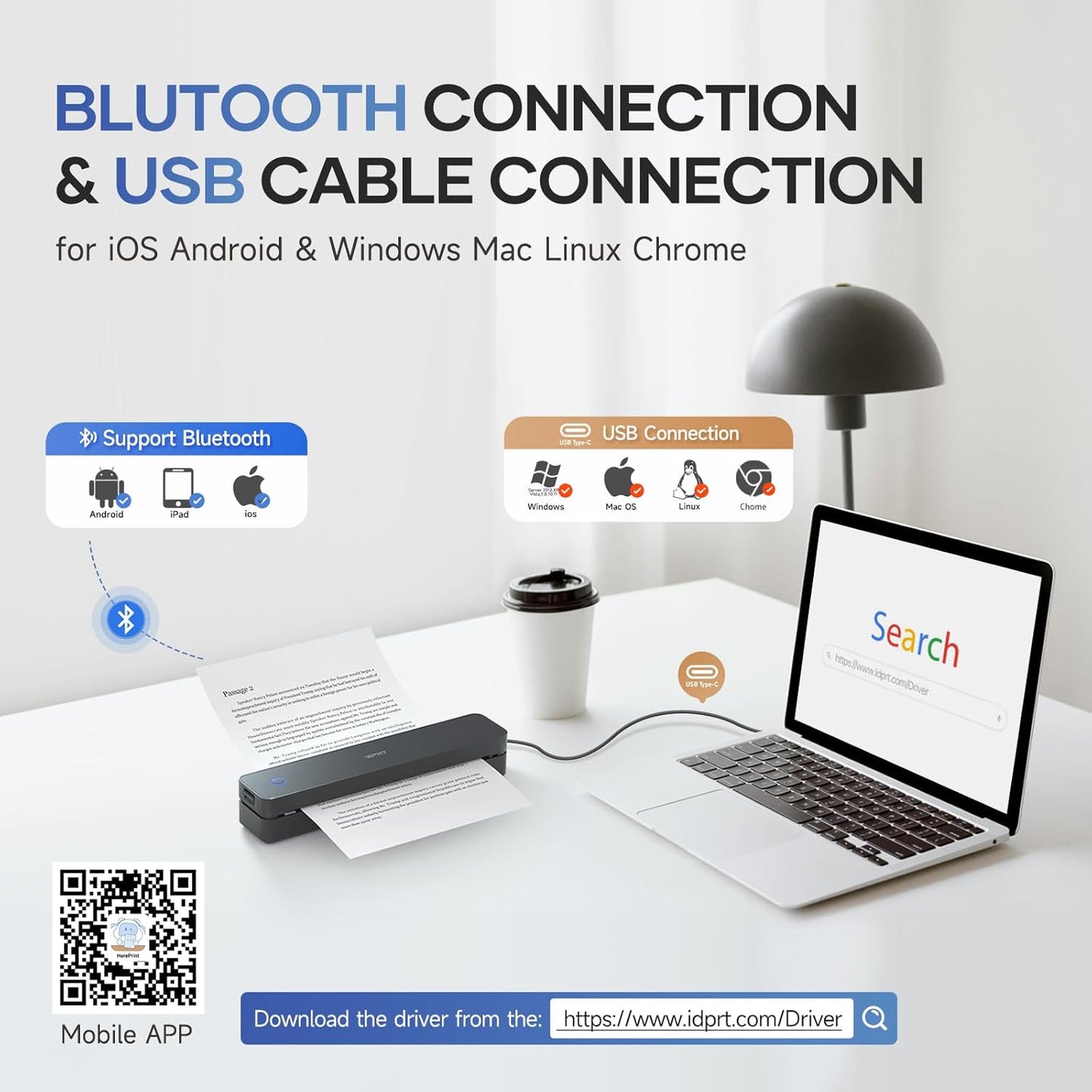 iDPRT Portable-Printer Wireless for Travel, 300DPI Inkless Thermal Small Printers for Home Use, Office, Vehicles, Mobile Bluetooth Printer Supports 8.5" x 11" US Letter, for Smartphone & PC,Black