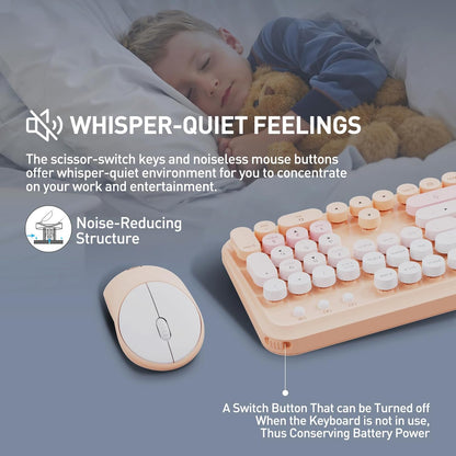 Wireless Keyboard and Mouse Combo, 105 Round Keys Full-Size Cute Colorful Pink Cordless Keyboard and Mouse with Retro Typewriter for PC/Mac/Laptop/Tablet/Computer/Windows Pink